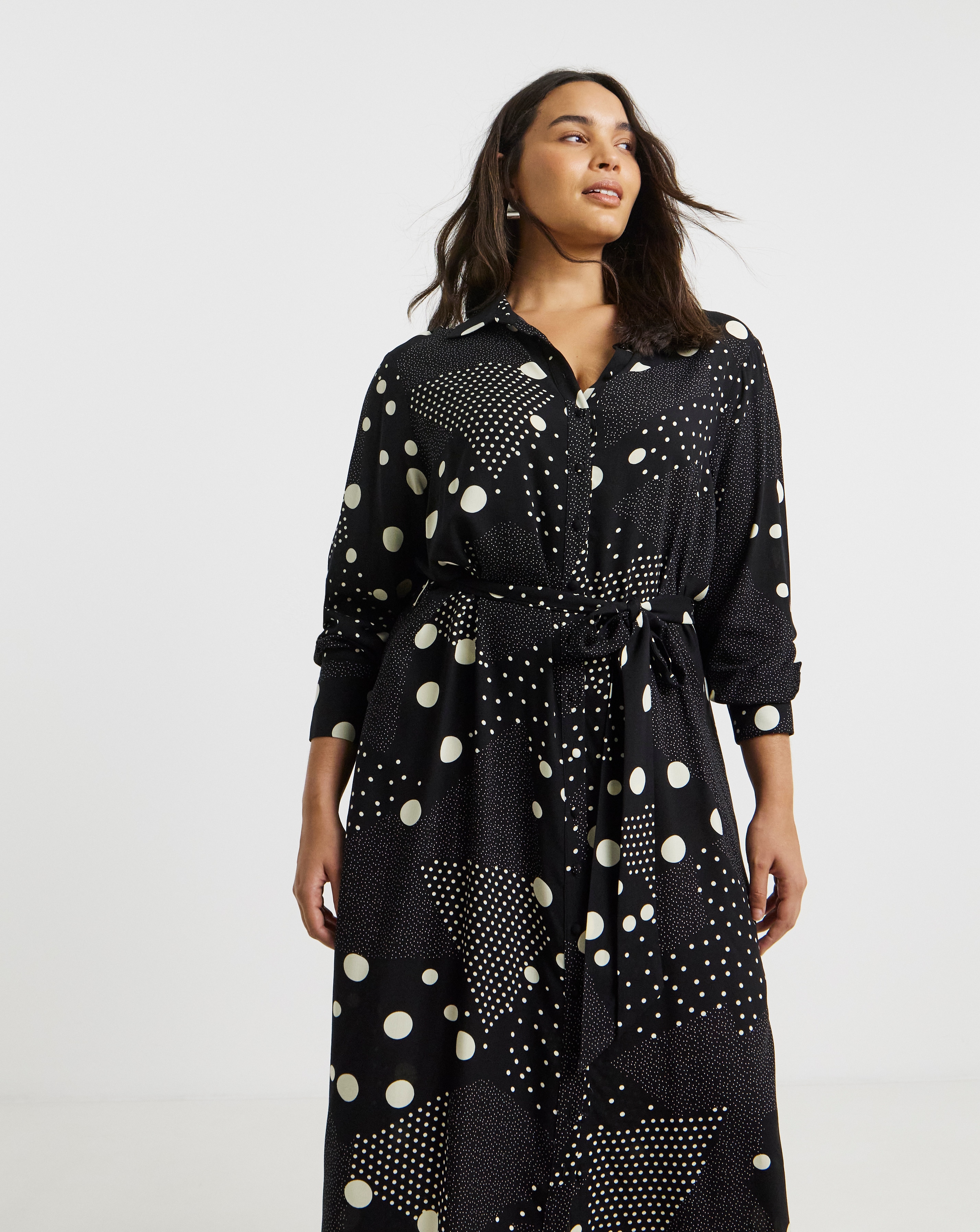 Black Spot Print Spun Viscose Belted Shirt Dress | Simply Be