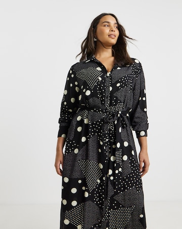 Black Spot Print Spun Viscose Belted Shirt Dress
