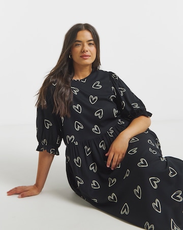 Black Heart Print Spun Viscose Midi Dress