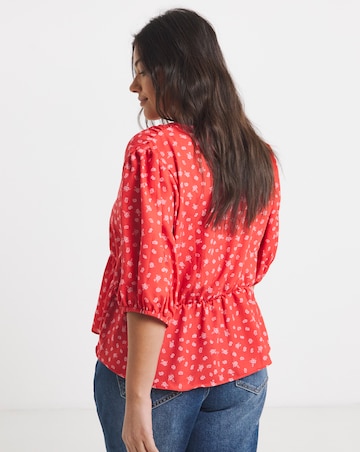 Red Print Poly Slub Tea Blouse