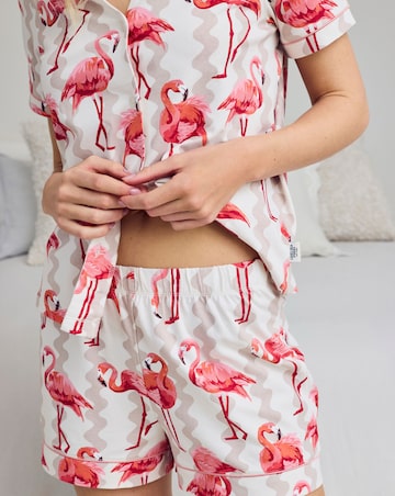 Chelsea Peers Organic Cotton Button Up Pyjama Short Set Flamingo Stripe Print