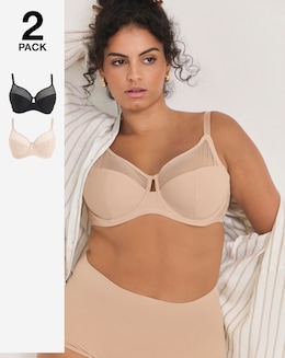 Pretty Secrets (2 Pack) Maisie Mesh Minimiser Bras (D-J) Black/Almond