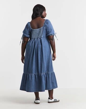 Mid Wash Midi Shirred Denim Smock Dress