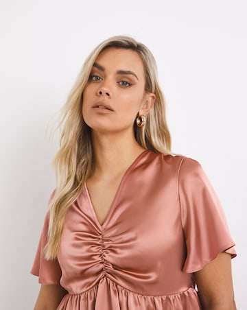 Dark Blush Pink Ruched Short Sleeve Satin Blouse