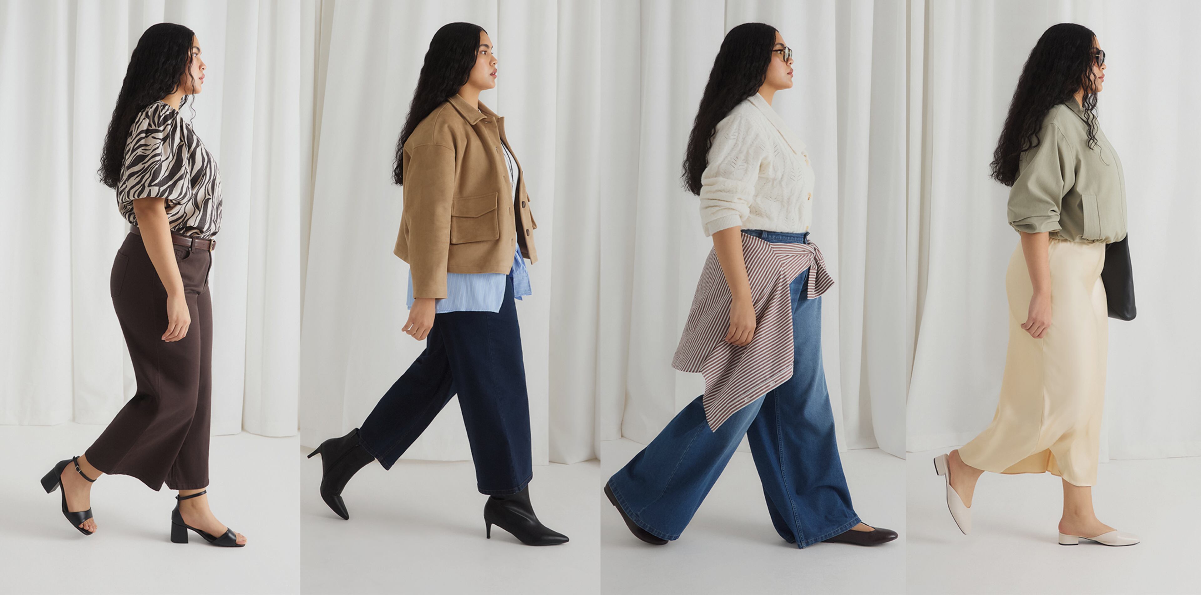 4 models walking in new season outfits