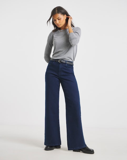 Dark Indigo Fleece Lined Cosy Warm Feel Stretch Wide Leg Jeans