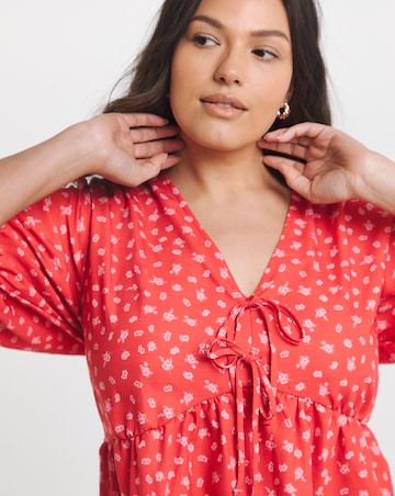 Red Print Poly Slub Tea Blouse