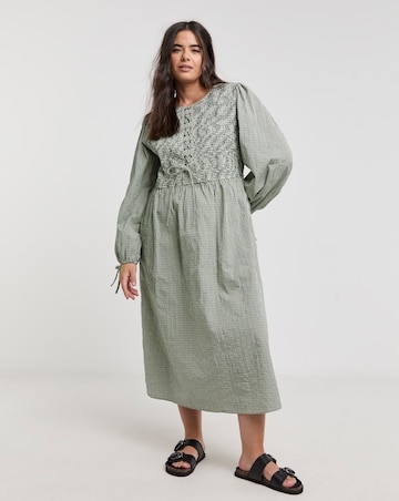 Native Youth Shirred Check Midi Dress