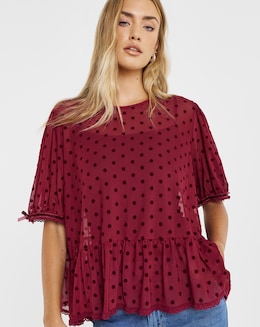 Burgundy Dobby Mesh Polka Dot Puff Sleeve Top