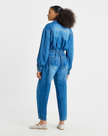 Mid Wash Authentic Look Drape Denim Jumpsuit