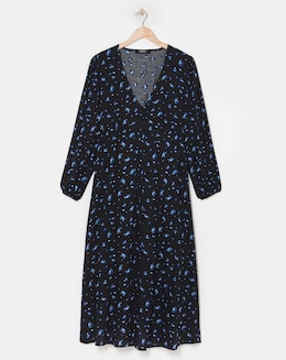 Blue Print Button Through V Neck Midi Dress