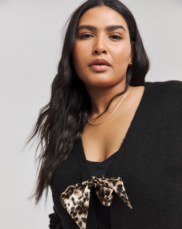 Black Satin Leopard Bow Tie Front Cardigan
