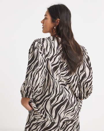 Zebra Puff Sleeve Button Down Linen Mix Top