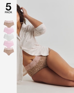 Pretty Secrets (5 Pack) Lace Top Full Brief Knickers Animal Print