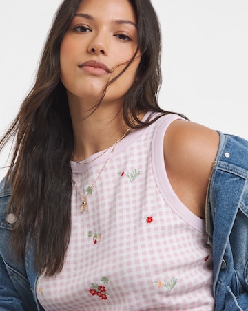 Pink Ditsy High Neck Embroidered Gingham Tank