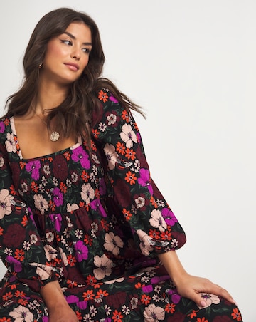 Emma Mattinson Floral Print Square Neck Shirred Waffle Tiered Midi Dress