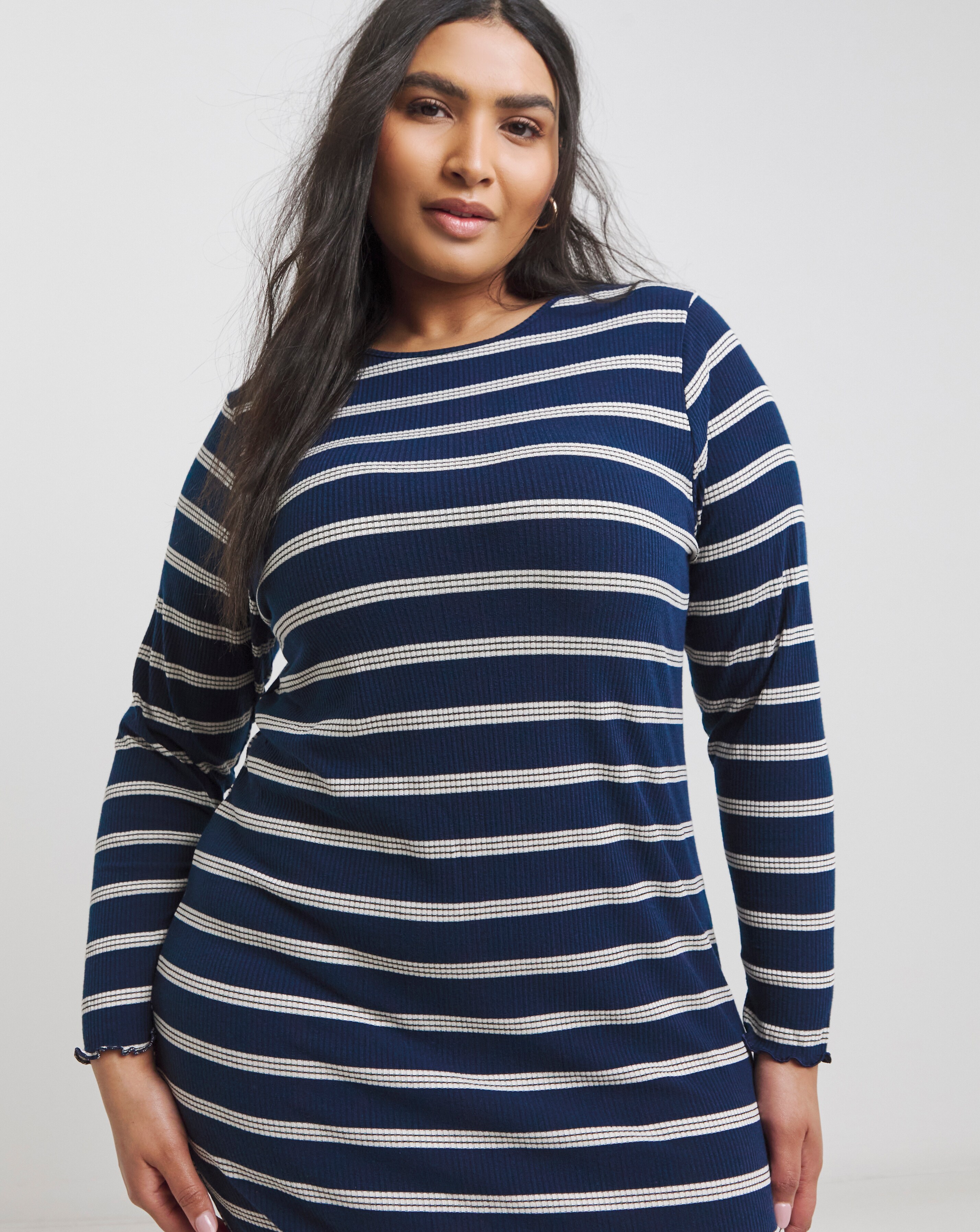 【美品】Long Sleeve Ribbed Shirt Dress Blue Stripe Long Sleeve Ribbed T-Shirt Dress | Simply Be