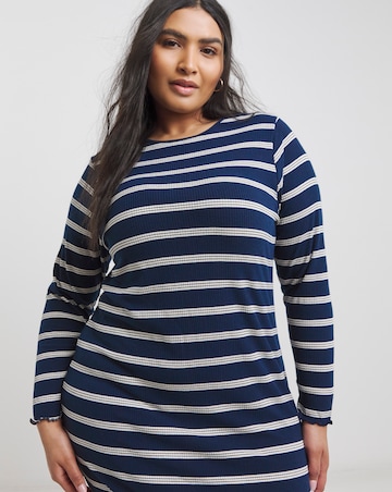 Blue Stripe Long Sleeve Ribbed T-Shirt Dress