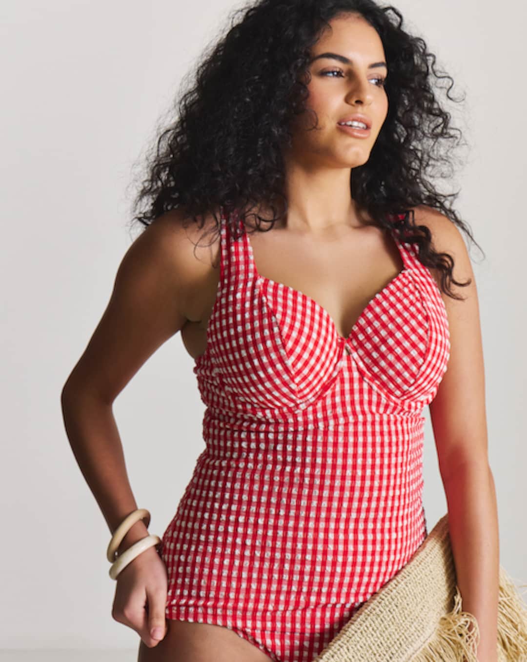 strapless open back dress Red V-neck Textured One Piece Swimsuit