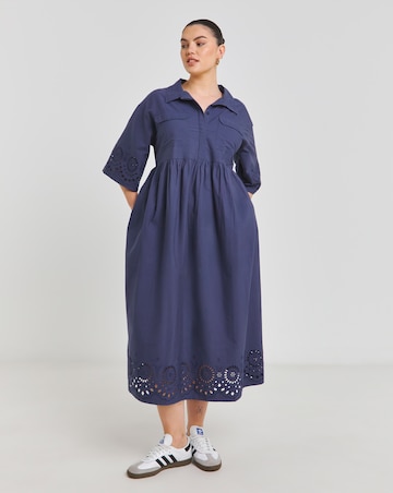 Blue Broderie Detail Shirt Dress