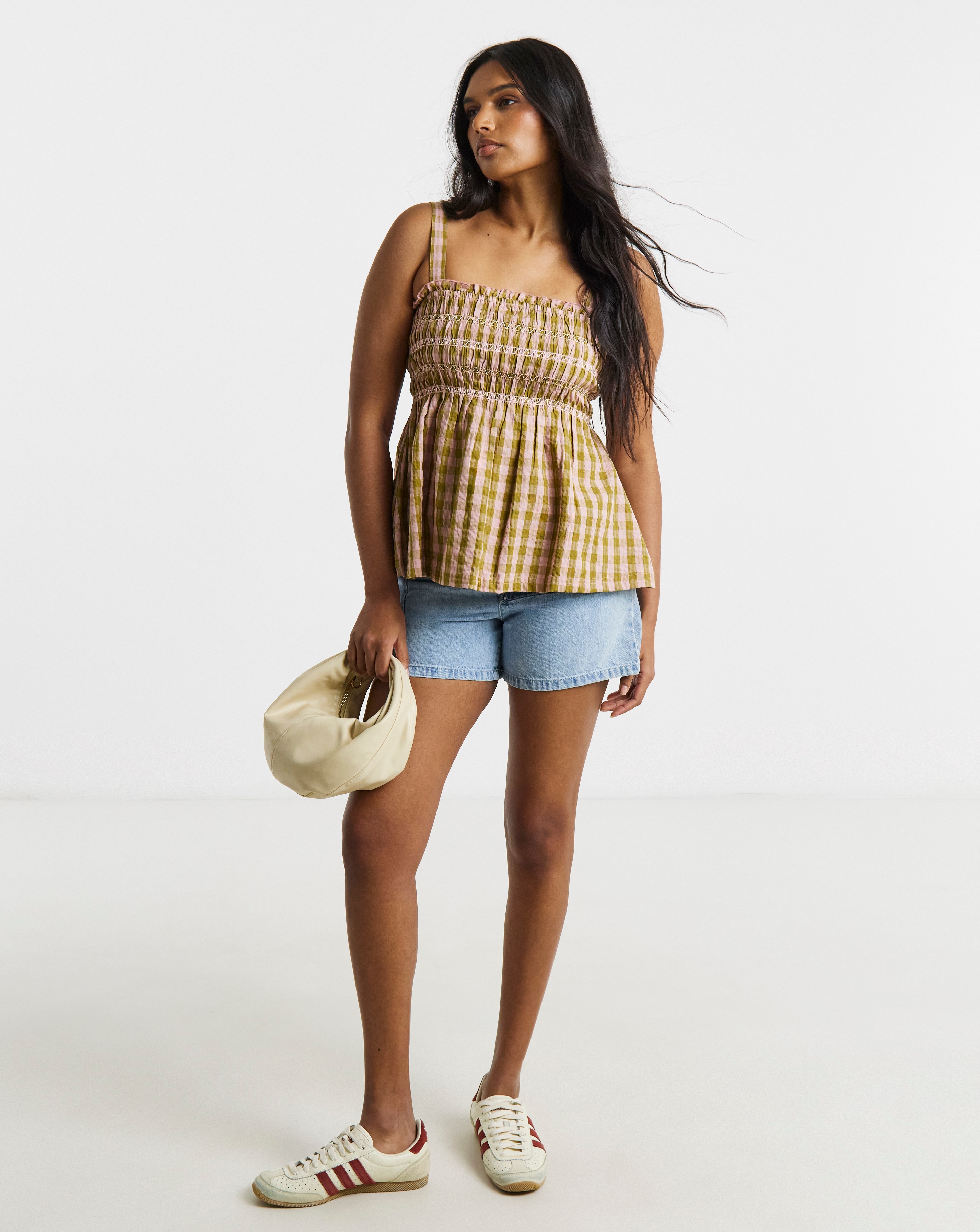Brown and Pink Gingham Shirred Detail Square Neck Cami | Simply Be