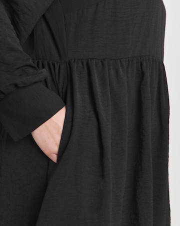 Black Herringbone Twill Smock Dress With Pockets