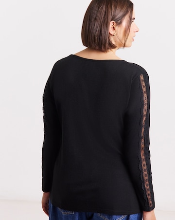 Simply Be Black Slash Neck Rib Top with Lace Sleeve Detail