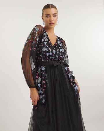 Mayra Black Floral Embroidered Cape Sleeve Maxi Dress main image 1