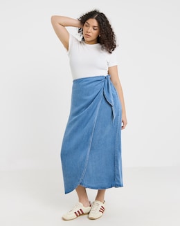 Mid Wash Denim Wrap Midi Skirt with Tencel &trade; Lyocell