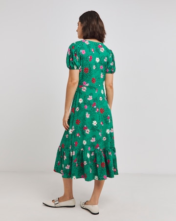 Green Floral Print Supersoft Jersey Frill Midi Dress