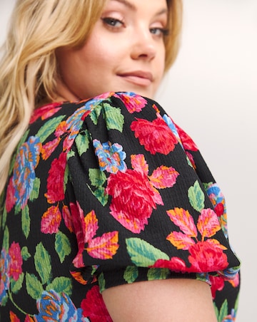 Floral Print Waffle Puff Sleeve A Line Midi Dress