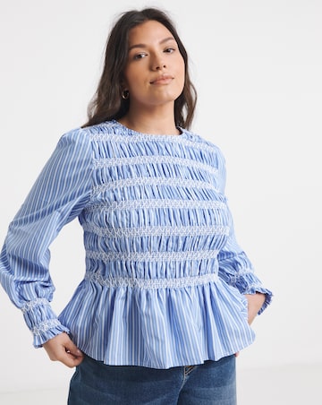 Blue Stripe Decorative Cotton Smocking Striped Poplin Blouse