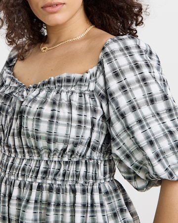 Mono Gingham Midi Dress With Shirred Bodice