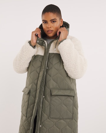 Khaki Quilted Shearling Hooded Maxi Coat