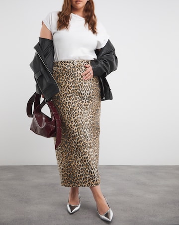 Leopard Print Denim Maxi Skirt