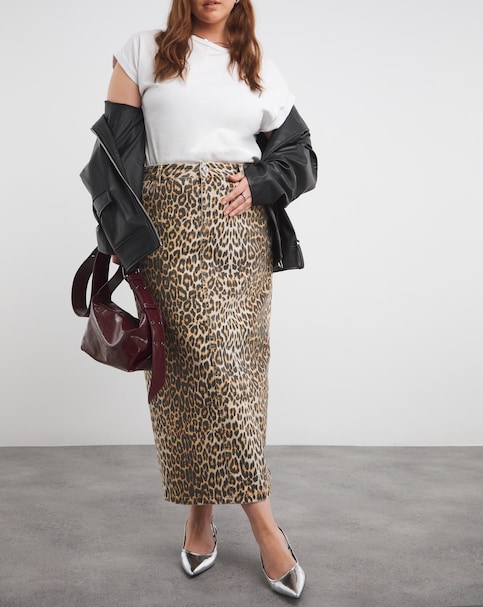 Leopard Print Denim Maxi Skirt
