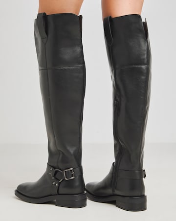Naira Leather Over Knee Western Biker Boots - Wide Fit (E) & Super Curvy Calf