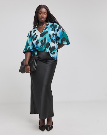 Blue Animal V Neck Puff Sleeve Blouse
