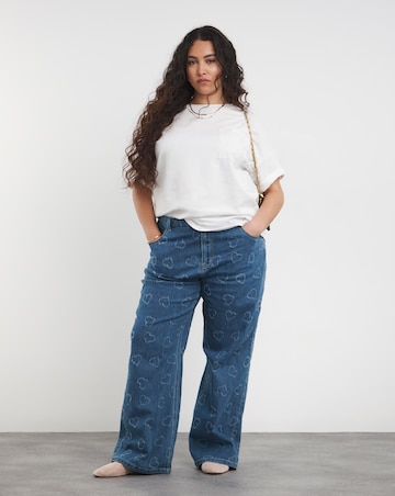 Mid Wash Distressed Heart Straight Leg Jean