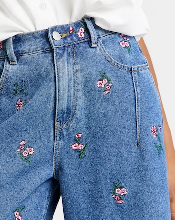 Mid Wash Floral Embroidered Barrel Leg Jeans