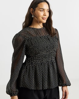 Mono Spot Georgette Spot Shirred Blouse