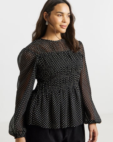 Mono Spot Georgette Spot Shirred Blouse