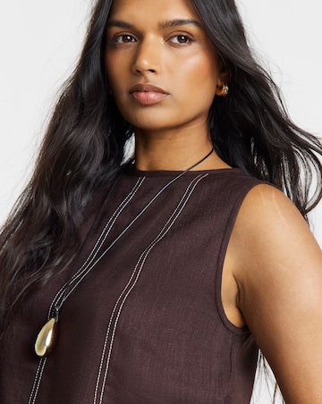 Chocolate Linen Shell Top with Topstitch Detail