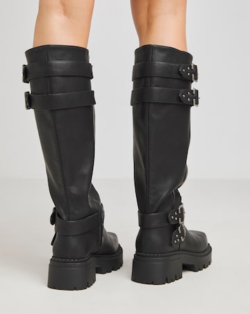 Hendrix Chunky Multi Buckle Calf Height Biker Boots Wide E Fit Super Curvy Calf