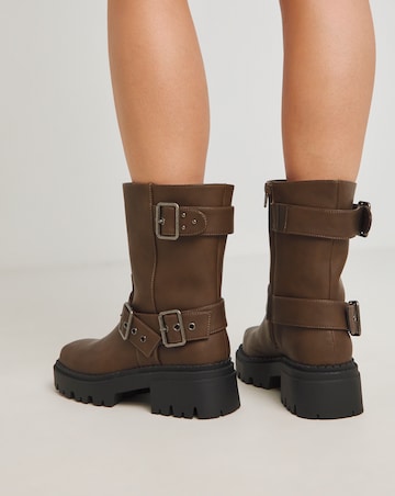 Stevie Multi Buckle Chunky Ankle Biker Boots Extra Wide EEE Fit