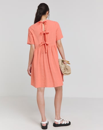 Coral Check Bow Detail Smock Dress