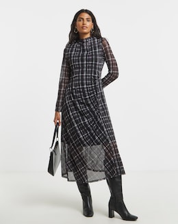 Mono Check Print Ruched Mesh Midi Dress