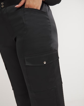 Black Stretch Satin Cargo Wide Leg Trousers