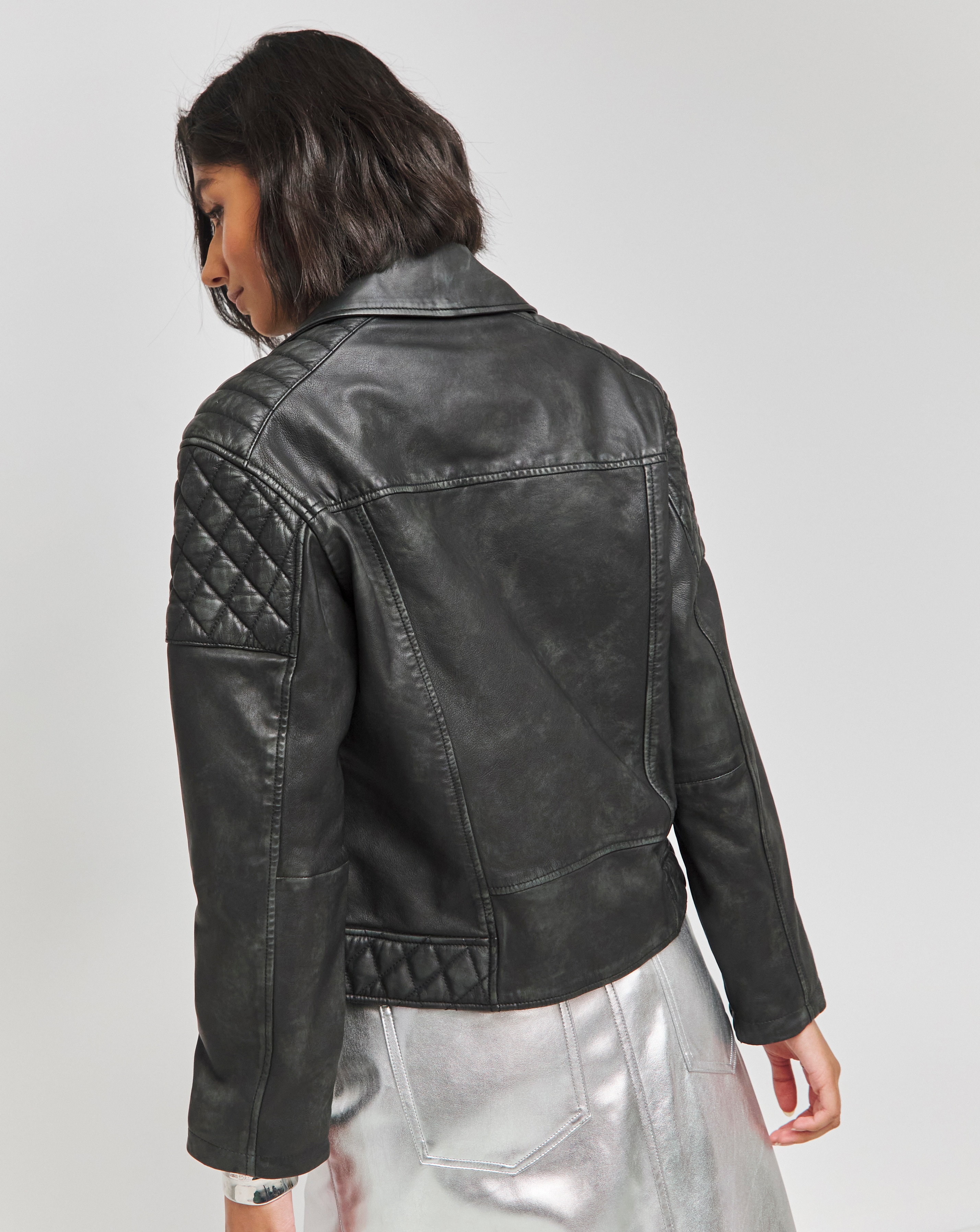 Black Real Leather Quilted Biker Jacket Simply Be