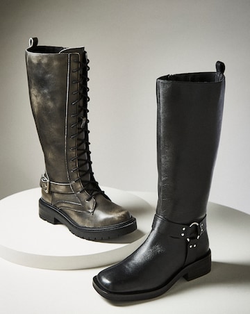 Dewey Leather Harness Detail Western Biker Boots - Wide Fit (E) & Curvy Calf